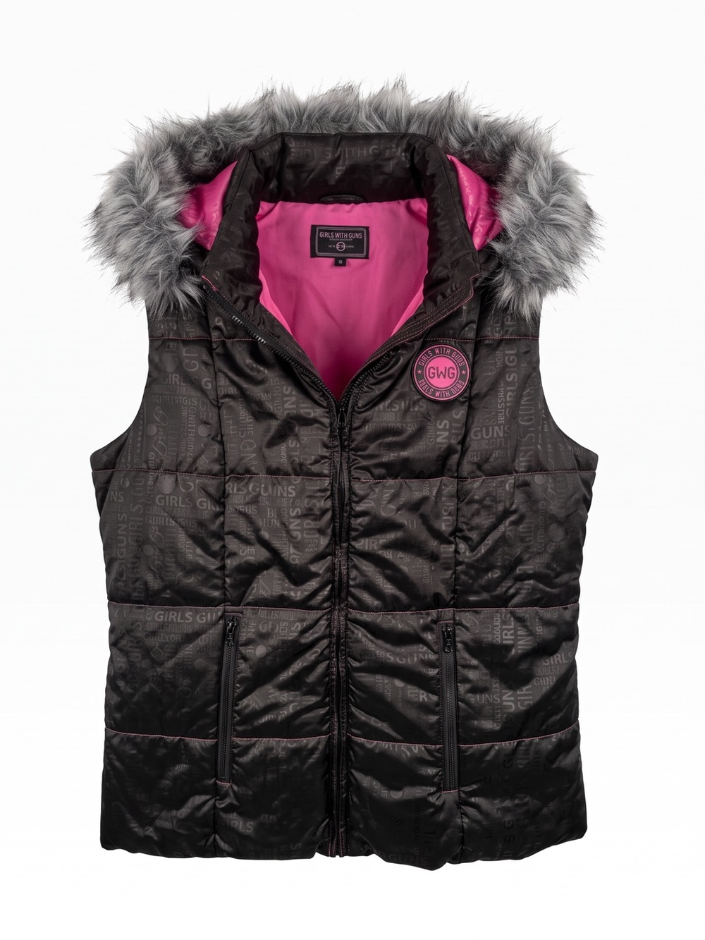 Girls with Guns Quilted Puffer Vest with Faux Fur Hood - Black & Pink